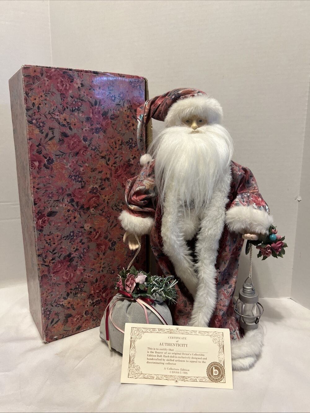 Vintage Brinn’s Santa Claus Doll Original Box Floral Robe English Garden Px3100